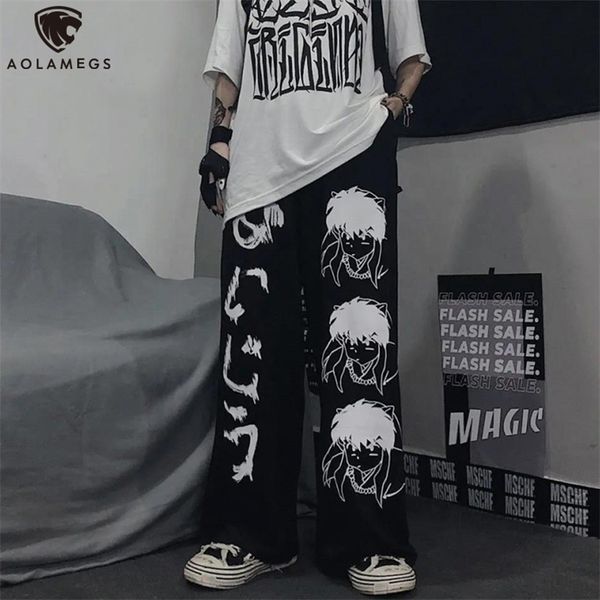 

men's pants aolamegs anime japanese gothic sweatpants hip hop streetwear casual korean wide leg oversize jogging trousers couple 220924, Black