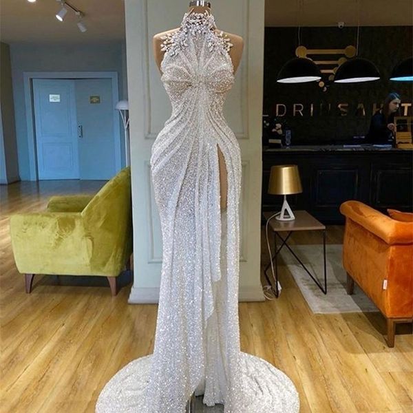 

party dresses sparkle sequined mermaid prom dresses crystal beaded high neck side split long white evening dress party gowns 220923, White;black
