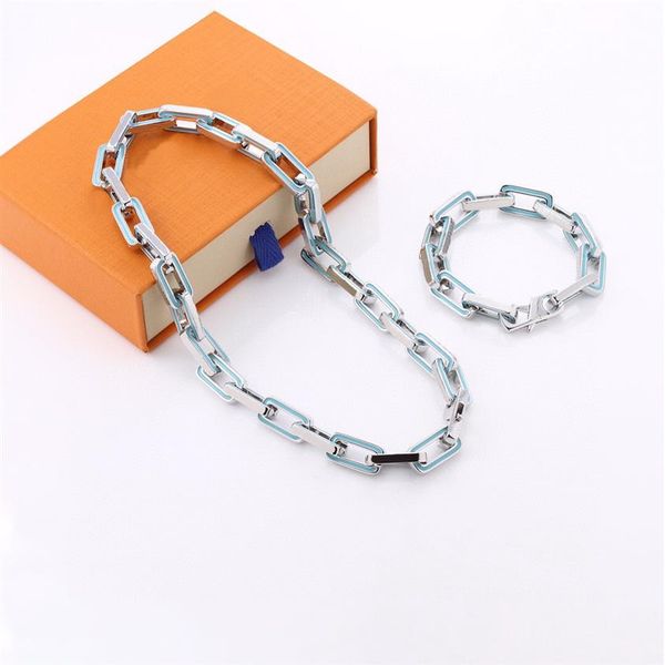 

europe america fashion necklace bracelet men silver-colour metal engraved v letter flower pattern blue enamel thick links chain je293h