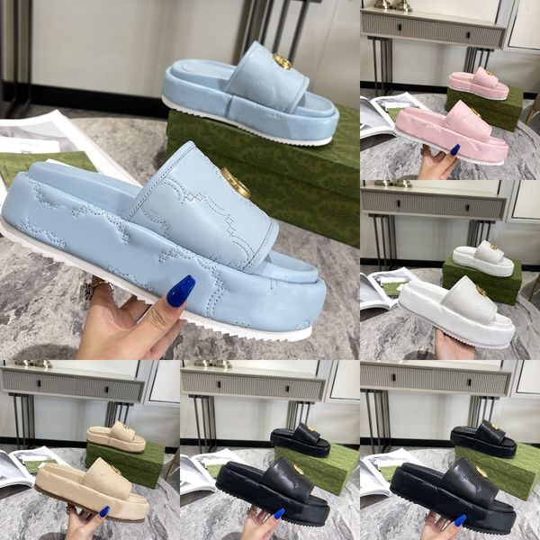 

embroidery platform slide leather double g women men thick bottom sheepskin wedge slippers monograms letter slides vintage macaron sandals b, Black