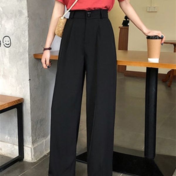 

women's pants wide leg summer thin fabric classic high waist pockets button fly long palazzo trousers korean casual bottoms 220922, Black;white