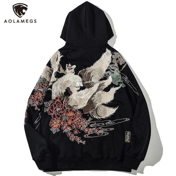 

men's hoodies sweatshirts aolamegs embroidery sweatshirt men hip hop pullover retro black hoodie autumn streetwear harajuku casual hood
