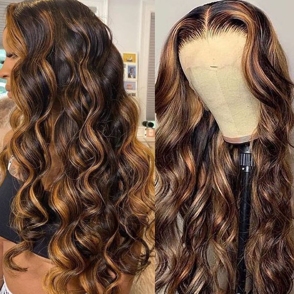 

lace hd highlight human hair brazilian glueless honey blonde colored for women ombre body wave front 220924, Black;brown