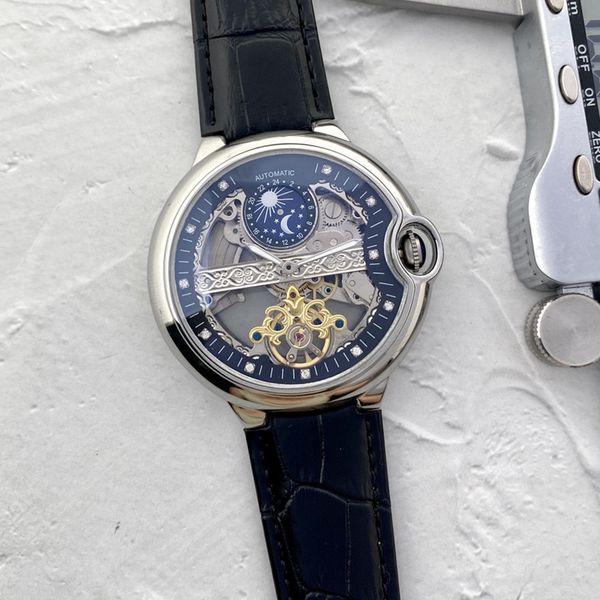 

men watch stainless steel tourbillon two stitches 46mm luxury brand automatic mechanical watches leather strap cart fashion moon phase, Slivery;brown