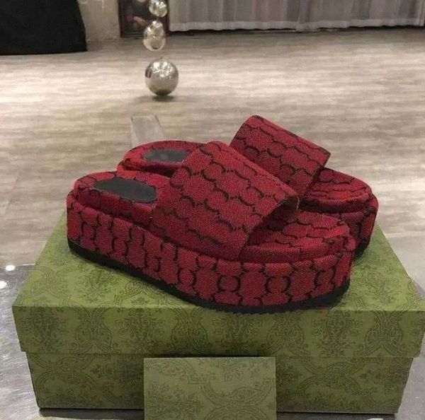 

2022 designer slippers embroidered platform sandals fashion summer canvas women slides platforms slider beach flip flops with dust bag 85v7#, Black