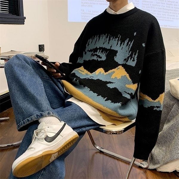 

men's sweaters winter korean fashion clothes mountain pattern streetwear loose oversized long sleeve knitted shirts 220924, White;black