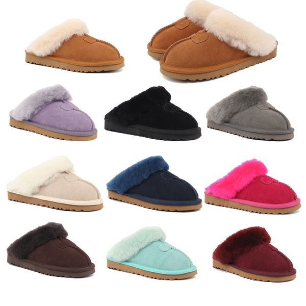 

home cotton slippers designer fur booties flat heel real leather woman snow boots warm fluffy furry slides winter shoes, Black