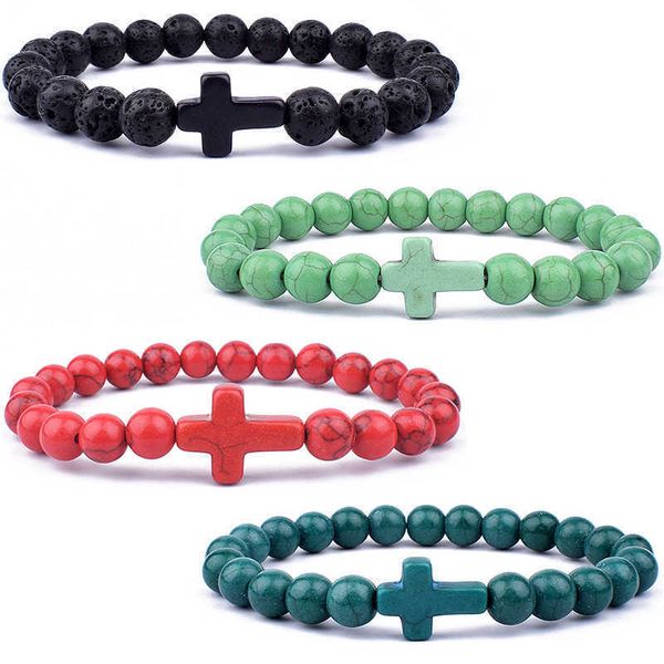 

natural stone cross charm bracelet black lava matte bead handmade men women prayer fitness chain couple jewelry gift