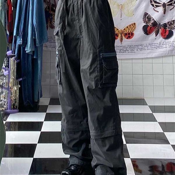 

women's pants capris waatfaak loose grey grunge cargo women high waist pockets streetwear techwear y2k 90s baggy trousers vintage buckl, Black;white