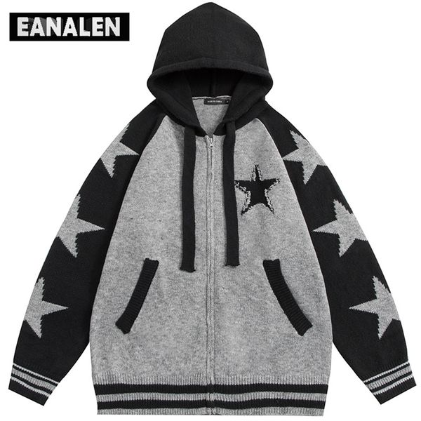 

men's sweaters harajuku retro star jumper knit sweater jacket men's gothic oversized pullover thick sweater hooded grandpa ugly sw, White;black