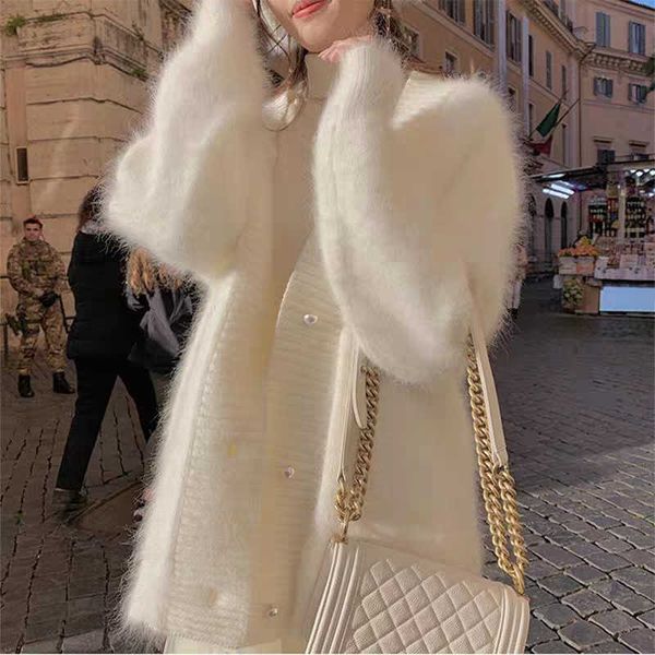 

women's sweaters elegant women mink cashmere cardigan coat chic autumn winter pearl button v neck knitted mohair soft loose sweater jac, White;black