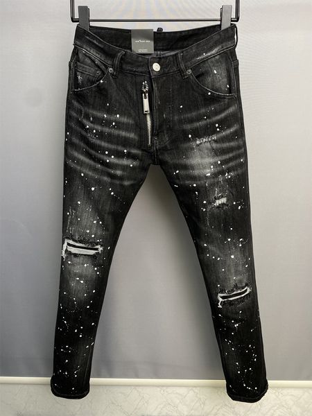 

men jeans distressed rip and repar mid wash paint splatter cool guy causal jean destroy zip fly jeans mens, Blue