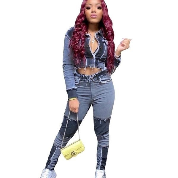 

women's two piece pants autumn and winter casual jeans set jacket coat long patchwok streetwear clothes for outfit 220926, White