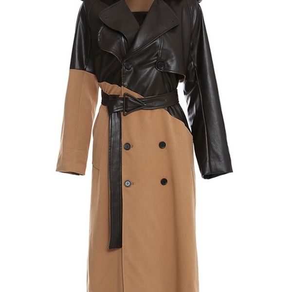 

women's trench coats eam women khaki pu leather big size long trench lapel long sleeve loose fit windbreaker fashion spring autumn 1dd0, Tan;black
