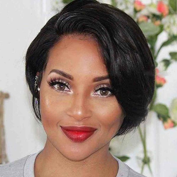 

short pixie cut t part lace wig transparent straight bob human hair wigs 13x4x1 preplucked hairline for black women brazilian remy, Black;brown