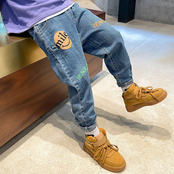 

jeans ienens boys autumn casual pants 4-11 years elastic waist slim letter kids denim children bottoms clothes 220923, Blue