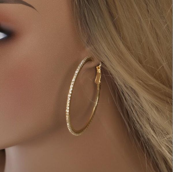 

1 pair hip hop dangle micro paved cubic zirconia bling ice out circles hoop earrings for women charm jewelry, Silver