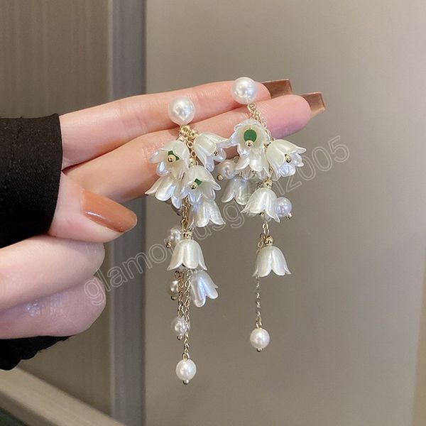 

imitation pearl lanling flower dangle earrings fashion classic luxury long tassels earring women jewelry gifts, Silver