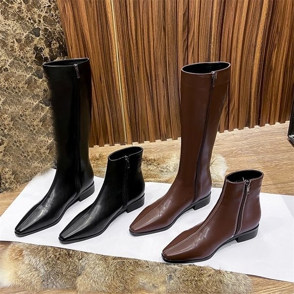 

boots plus size 35-43 pointed toe riding boots women chunky heels long tube chelsea botas zip slim knee-high knight bottes femme 220923, Black