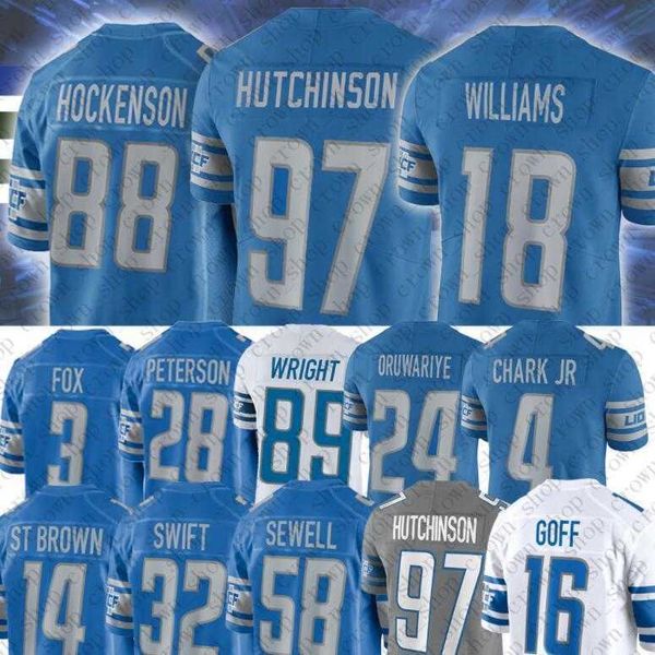 

97 aidan hutchinson football jerseys 88 tj hockenson 4 dj chark 87 quintez cephus 16 jared goff frank ragnow penei sewell amani oruwariye lo, Black