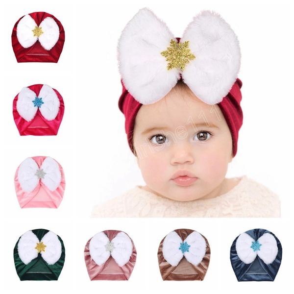 

bowknot newborn infant velvet hat kids soft bow furry turban caps with snowflake rhinestones center baby girls headwear, Yellow