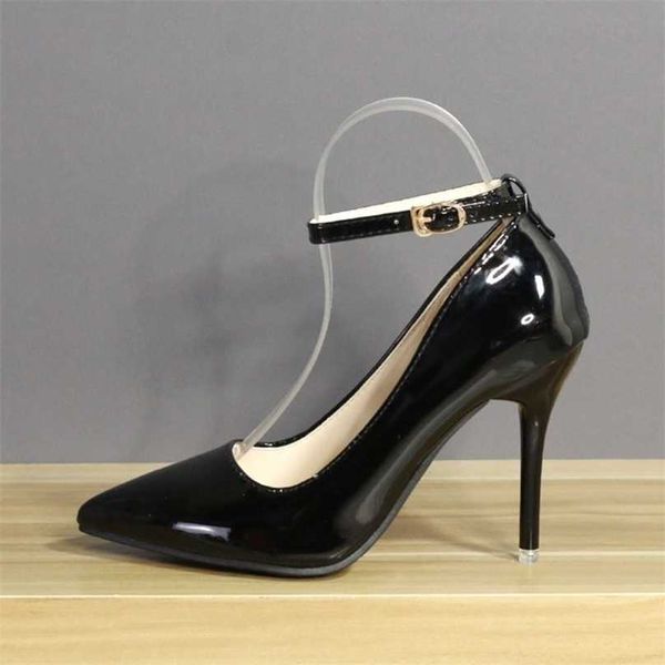 

dress shoes aphixta 7cm 10cm 12cm heels buckle women pointed toe pumps patent leather stiletto office pump super big size 33-50 220923, Black