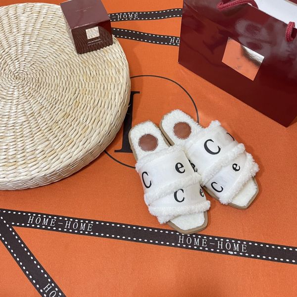 

fashion women's sheepskin trim printed canvas flat casual slippers, Black