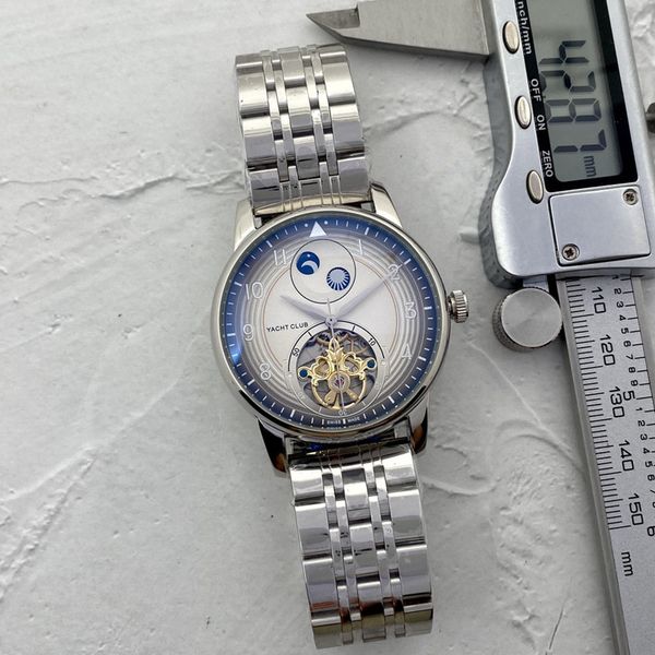 

men watch stainless steel tourbillon three stitches 42mm luxury brand automatic mechanical watches steel strap fashion moon phase, Slivery;brown