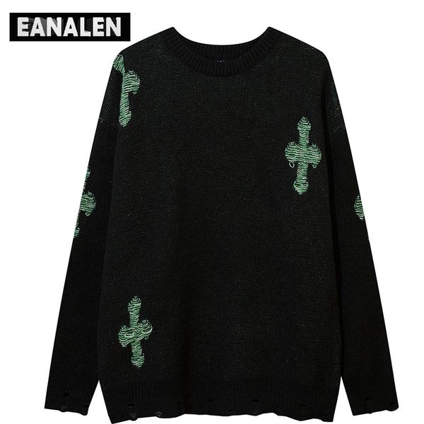 

men's sweaters harajuku vintage hollow cross jumper knit sweater men's winter oversized pullover thick sweater grandpa ugly sweate, White;black
