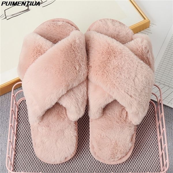 

slippers design women winter house furry slippers women cross fluffy fur home slides flat indoor floor shoes ladies flip flops 220926, Black
