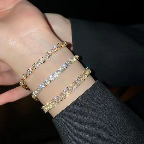 

vintage bling white baguette tennis bracelets 7 inch for women ladies new 18k real gold plated iced out round square cz stone cubic zirconia, Golden;silver