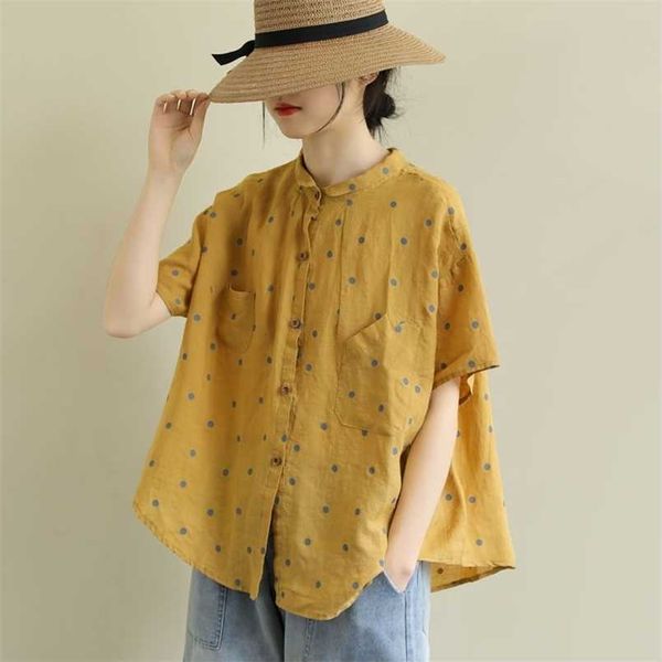 

women's blouses shirts summer arts style women short sleeve loose polka dot shirts allmatched casual turndown collar vintage blouses s8, White