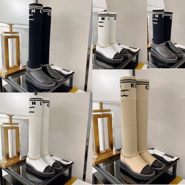 

2022 designer women luxury tall woolen socks boots fashion wear leather chain elements letters versatile casual boots thick soled medium tub, Black