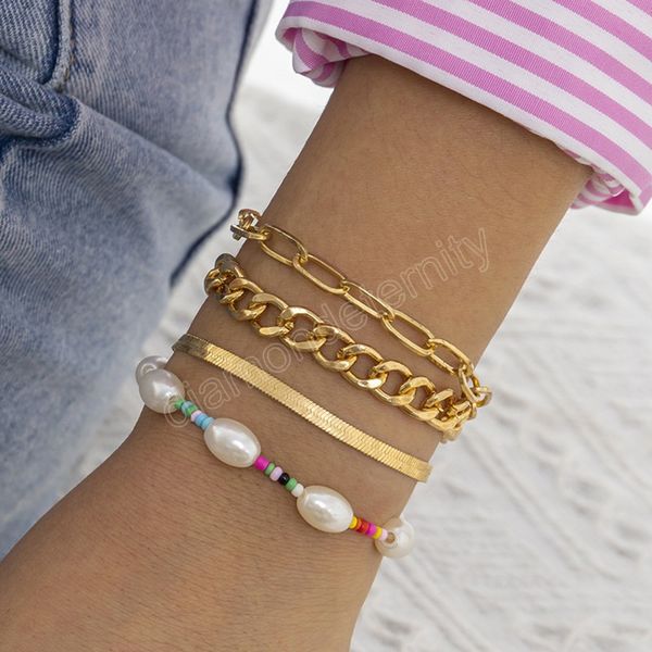 

vintage imitation pearl chain bracelet set for women metal snake link charm bangles couple jewelry gift, Golden;silver