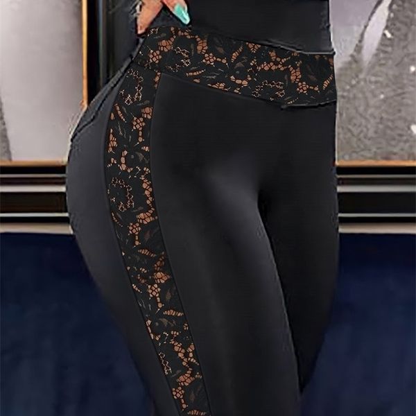 

women's pants capris contrasting color lace high waist tights 220922, Black;white