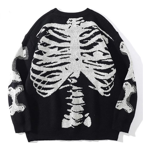 

mens sweaters men oversized black loose skeleton bone print women vintage retro knitted autumn cotton pullover 220923, White;black