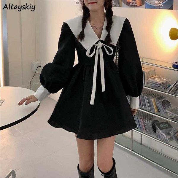

casual dresses long sleeve dresses women patchwork sailor collar bow decorate high waist a-line sweet spring fall mini dress korean fashion, Black;gray