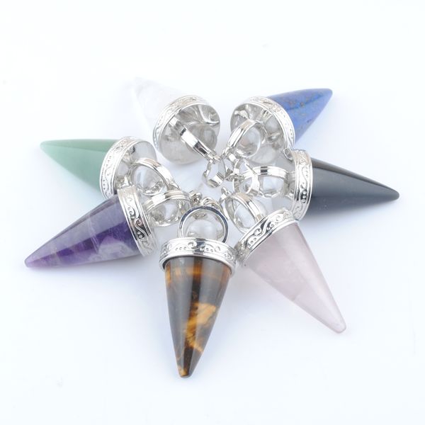 

natural stone cone pendants reiki pendulums round crystal 3d jewelry amethyst tigers eye aventurine bn451, Silver