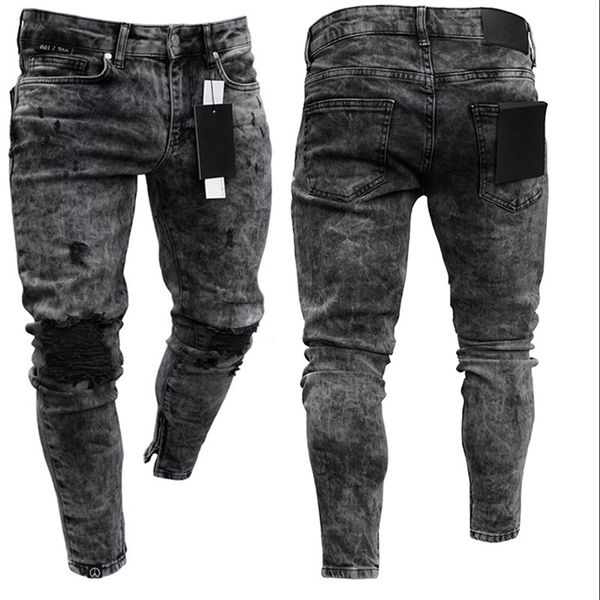 

men's jeans biker distressed stretch ripped men hip hop slim fit holes punk zipper pure color denim pants 220922, Blue