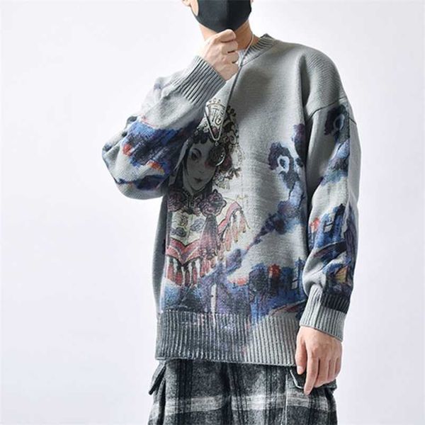 

men's sweaters hip hop men autumn couple knitted jumper anime beijing opera printed vintage pullovers harajuku grey 220923, White;black