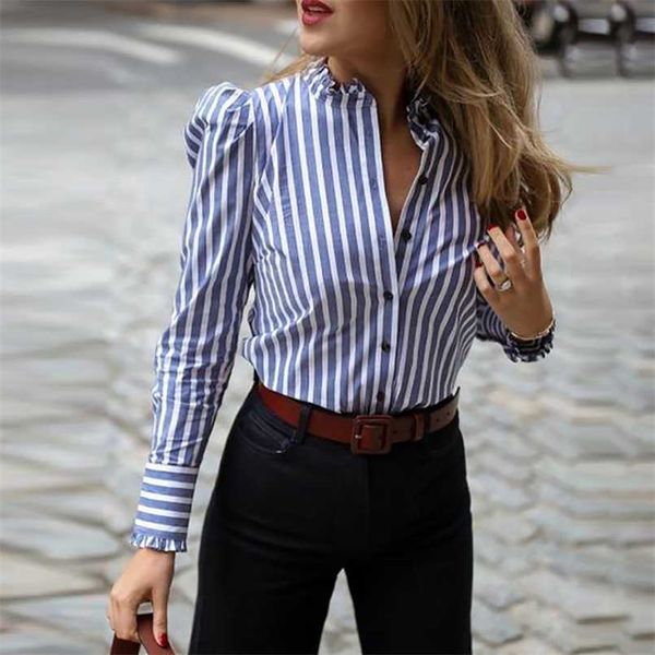 

women's blouses shirts women long sleeve striped puffed sleeve frill hem casual blouse elegant ladies workwear shirt blusas mujer 22092, White