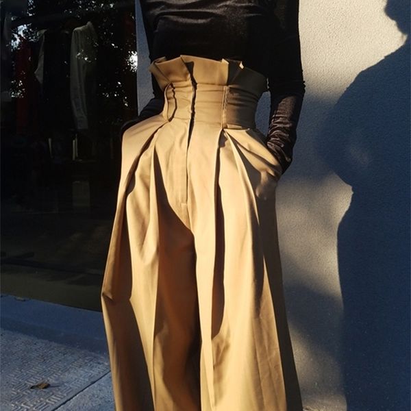 

women's pants capris eam high waist yellow long pleated split wide leg trousers loose fit pants women fashion spring autumn 1m646 22092, Black;white