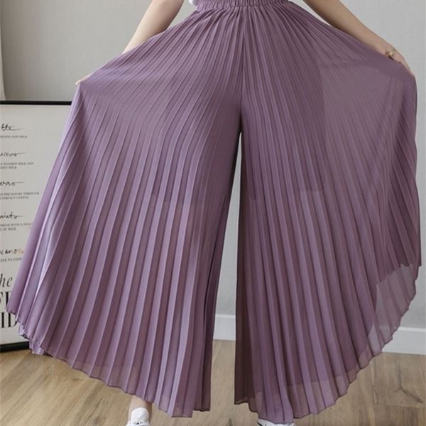 

women's pants capris fashion streetwear pleated culotte mujer blue black purple chiffon trousers stretch high waist loose wide leg wome, Black;white