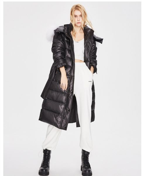 

womens outdoor winter down jacket thickened medium and long waist closing white duck lace up thin warm coats, Black
