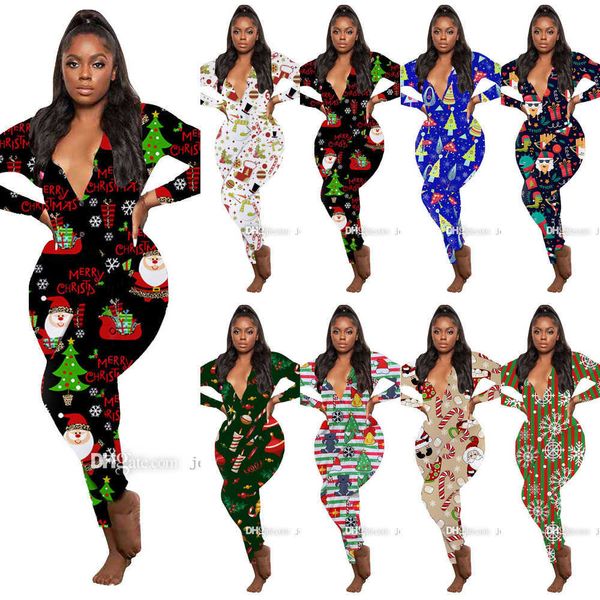 

2022 fall winter women jumpsuits rompers christmas printed designer pajama onesies fashion long sleeve v neck home wear bodysuit, Black;white