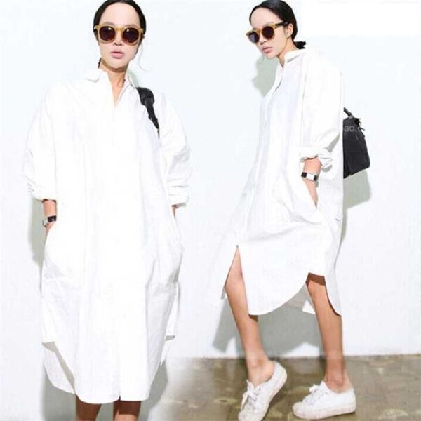 

women's blouses shirts womens plus large size long straight brief solid white color cotton blouses oversized women shirt dress 220923