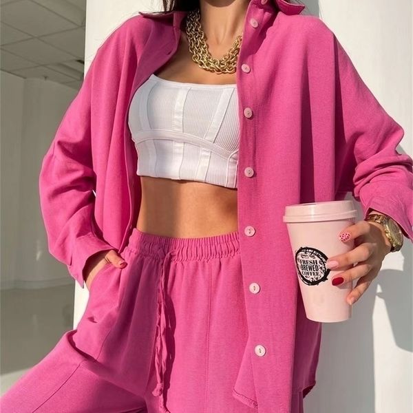 

women's two piece pants autumn casual women shirt trouser suit female solid long sleeve shirts with high waist harem pants two piece se, White