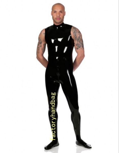 

mens black sleeveless catsuit costumes wetlook pvc faux leather leotard clubwear bodysuit back 3-ways zipper to front crotch