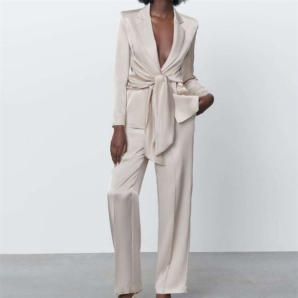 

women's two piece pants women long sleeve bow lacing silk satin texture solid blazer high waist elastic waist straight pants two piece, White