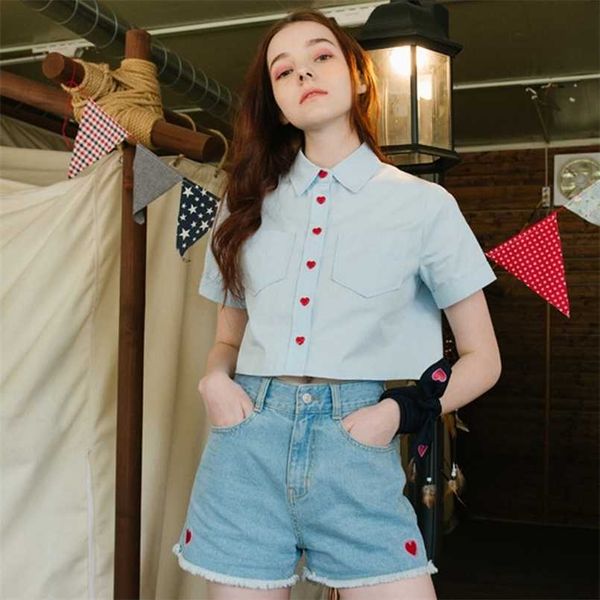 

women's blouses shirts blouse fashion women short sleeve cute heartshaped button pockets short blouses female shirts summer blue white